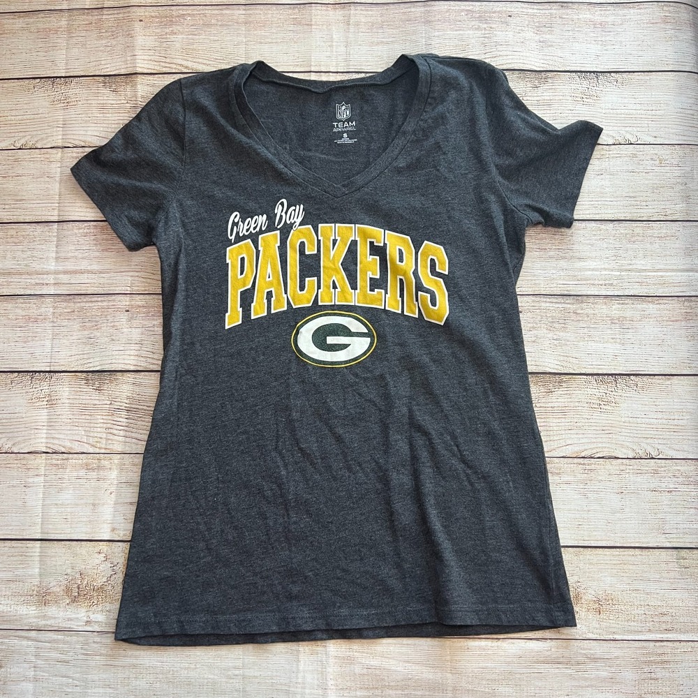 NFL Team Apparel Green Bay Packers Womens V-Neck T-Shirt Gray Heather Small
